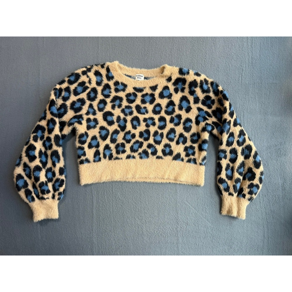 Sunday Best Aritzia Leopard Print Fuzzy Cropped Sweater Blue Tan Small SNH2-3577